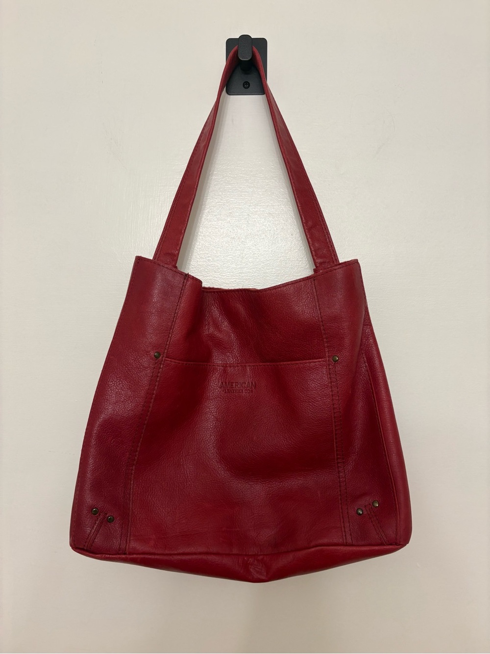 American Leather Co Red Pebble Leather Hobo Shopper Tote Bag Slouchy Studs